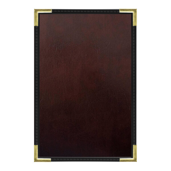 A brown leather wine menu cover with gold trim and interior pocket.