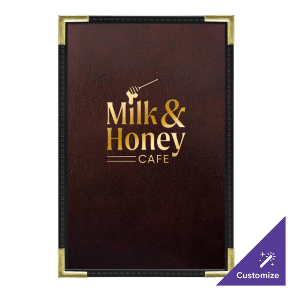 A brown leather H. Risch menu cover with gold interior pocket and the Milk & Honey Cafe logo.