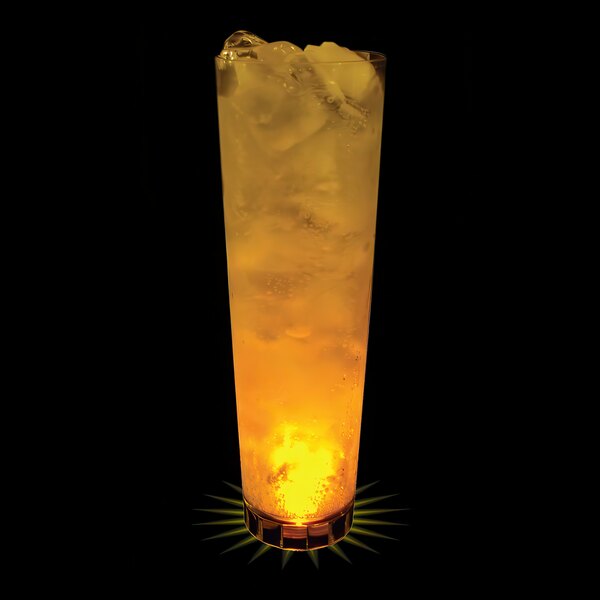 A customizable plastic cup filled with ice and yellow liquid with a yellow LED light inside.