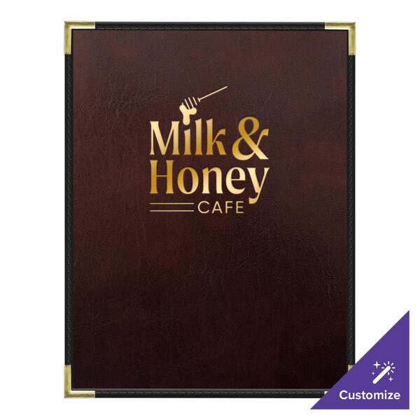 A brown leather H. Risch, Inc. menu cover with the Milk & Honey Cafe logo on it.