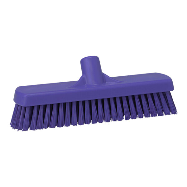 A close-up of a purple Vikan 12" wall/floor scrub head with stiff bristles.