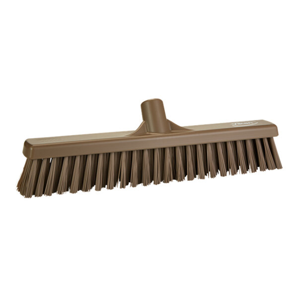 A brown Vikan push broom head with flagged / unflagged bristles.