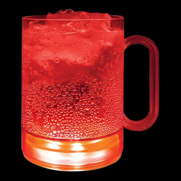 A 16 oz. clear plastic mug with a red drink and red LED light.