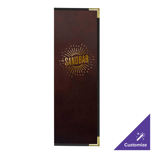 A brown rectangular menu cover with interior pockets.