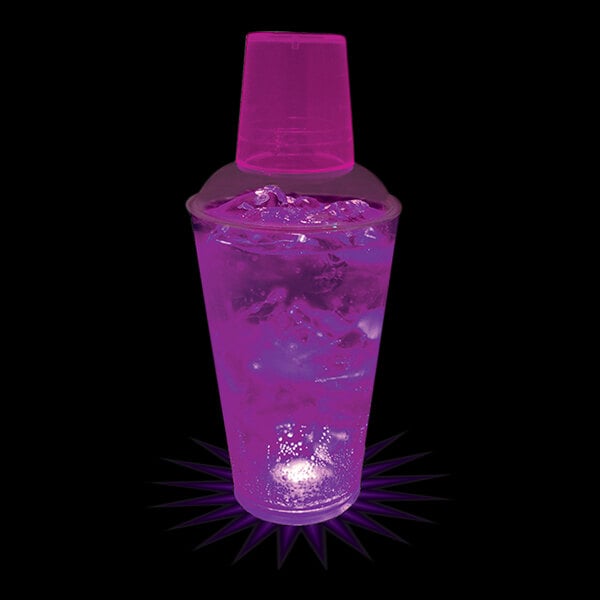 A customizable purple plastic shaker with ice in it.