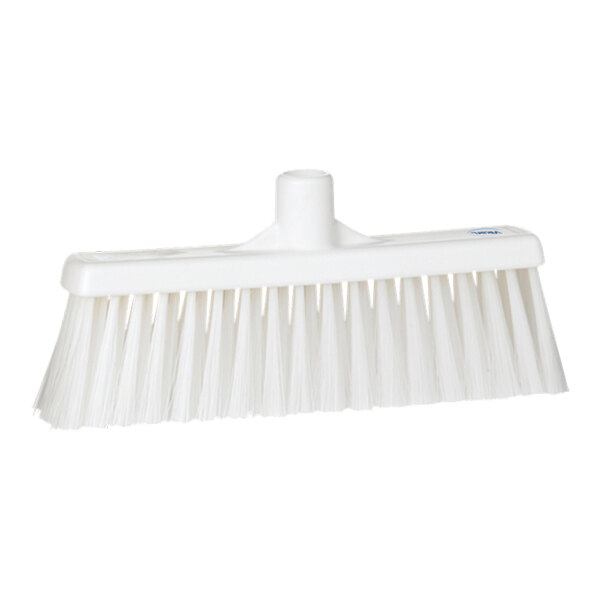 A white plastic Vikan lobby broom head with unflagged bristles.