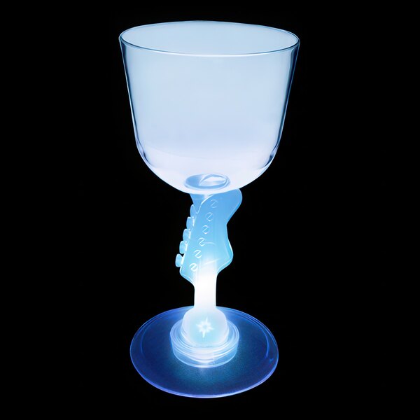 A customizable clear plastic guitar stem wine cup with a blue LED light inside the stem.