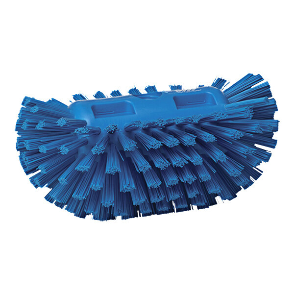 A close up of a Vikan blue tank brush head with stiff bristles.