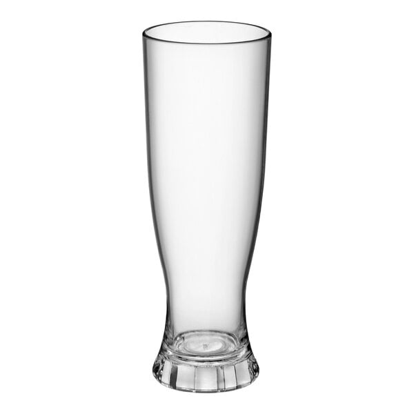 A clear plastic pilsner cup designed to hold 22 oz., customizable and featuring a purple LED light at the base.