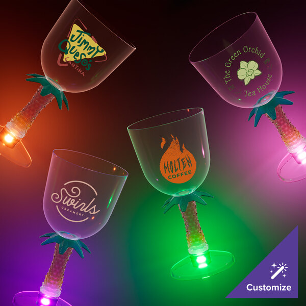 A close-up of a customizable plastic palm tree stem goblet with a green LED light.