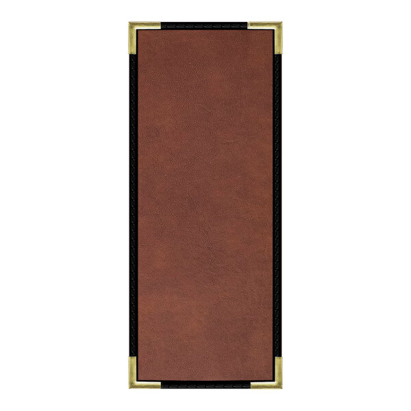A rectangular brown leather menu cover with black trim.