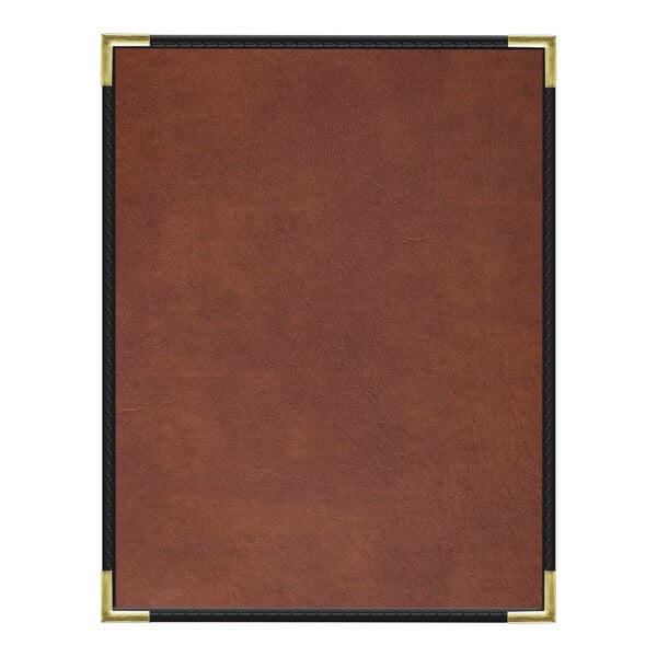 A brown leather menu cover with a black border.