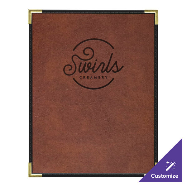 A brown leather H. Risch, Inc. menu cover with black corners.