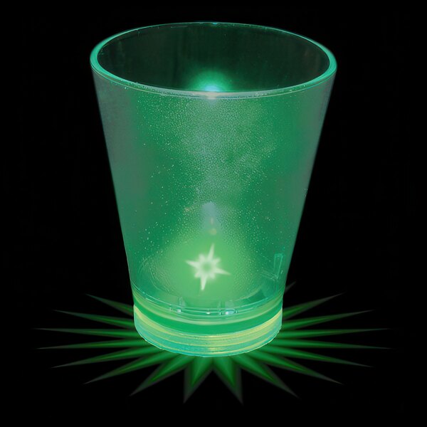 A customizable green plastic shot cup with a green LED light inside.