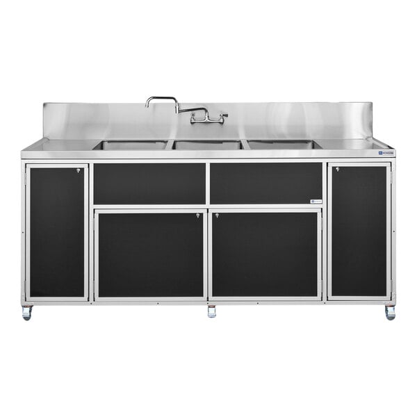 A black portable commercial sink with three deep basins, two drainboards, and storage cabinets underneath.