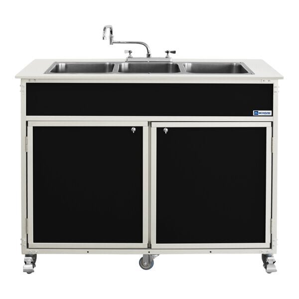 A black Monsam portable sink with three deep basins.