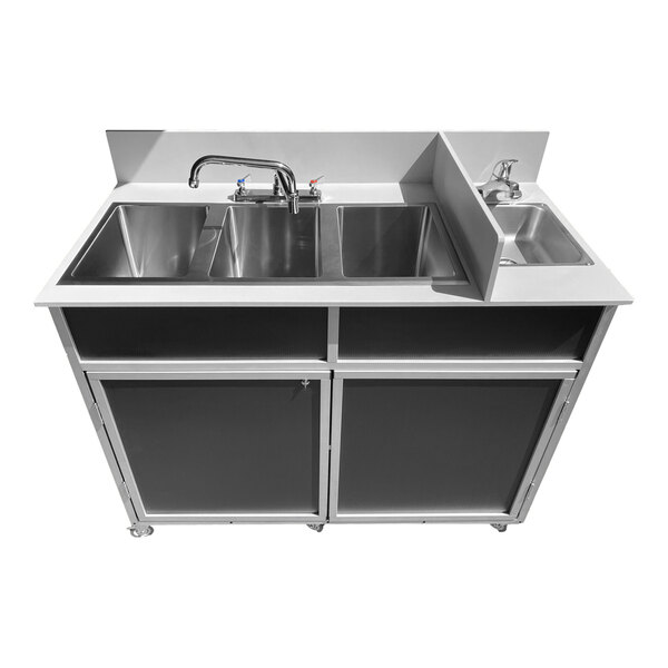 A black Monsam portable sink with four deep basins.