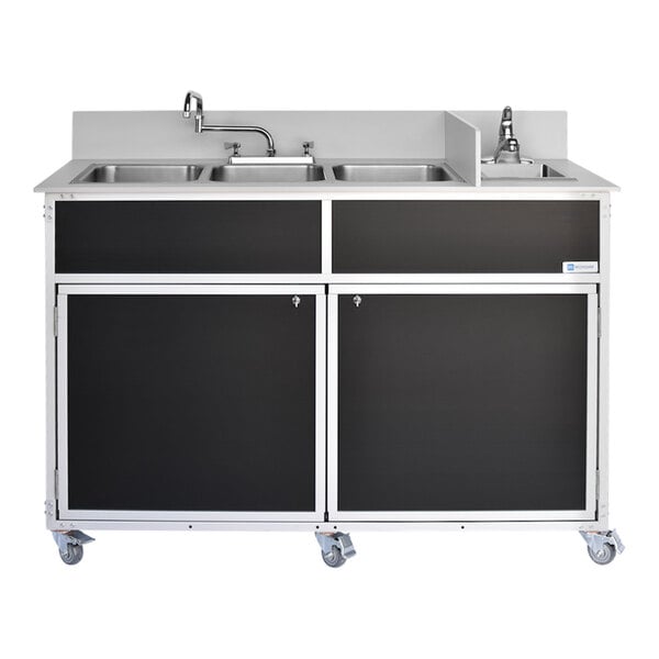 A black portable commercial sink unit with four deep stainless steel basins and locking cabinet doors on wheels.