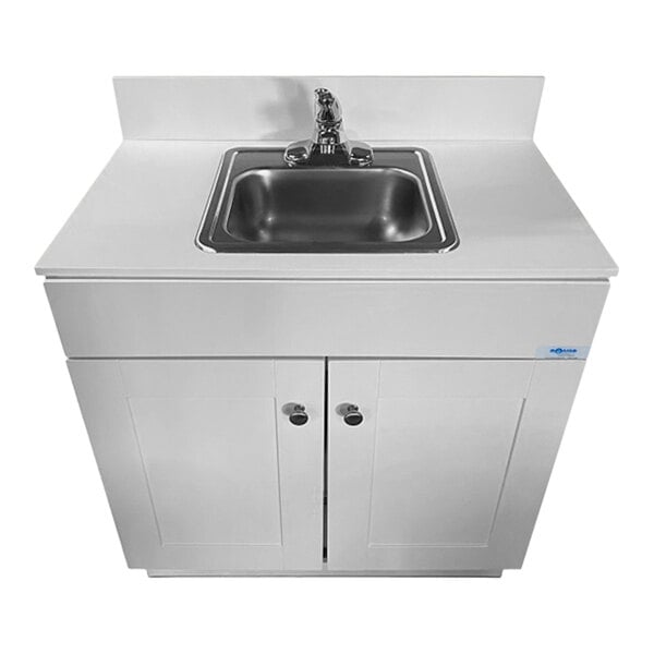 A white Monsam portable sink with a stainless steel faucet.