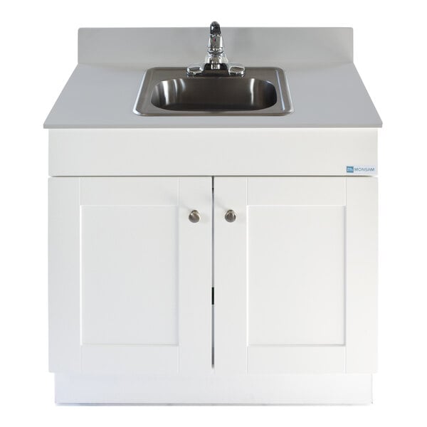 A single basin portable self-contained sink with a white wood cabinet and chrome faucet.