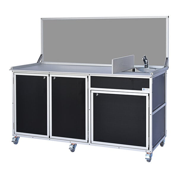 A black metal food service cart with a portable sink.