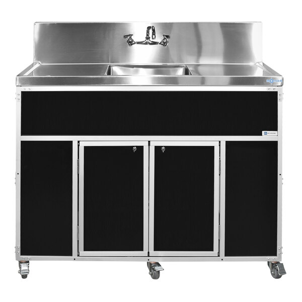 A black portable commercial sink with a single deep basin, two drainboards, and locking cabinet doors on wheels.