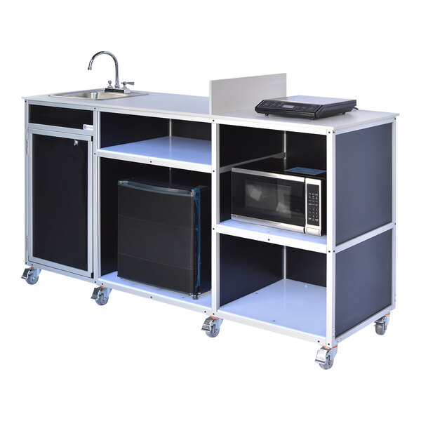A black rectangular Monsam portable kitchen with a self-contained sink and microwave.