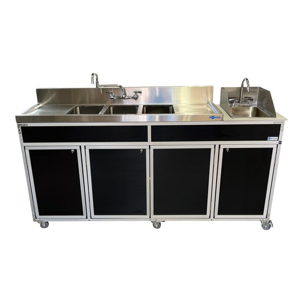 A black Monsam portable self-contained sink with four basins and two drainboards.