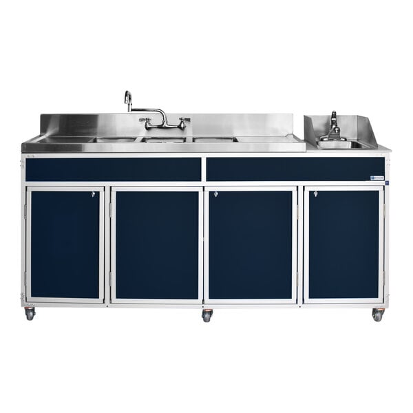 A black four-basin portable self-contained sink with two drainboards and locking cabinet doors.