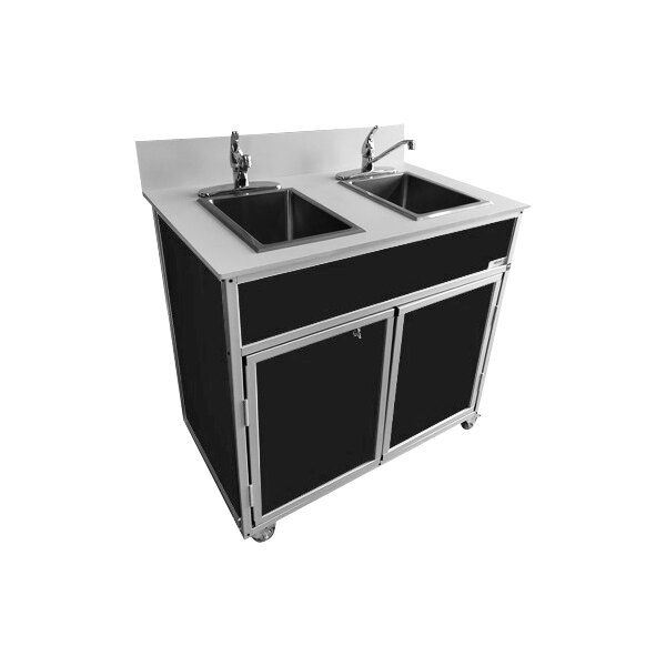 A black Monsam double basin portable sink on wheels.