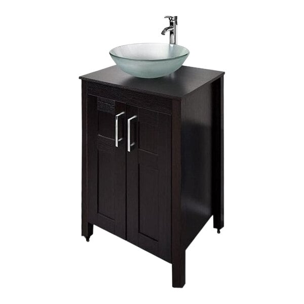 A Monsam portable sink with a frost glass bowl on an espresso wood cabinet.