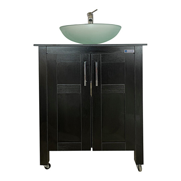 A black cabinet with a frost glass sink bowl.