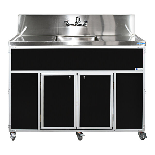 A black Monsam portable sink with double deep basins and 2 drainboards.