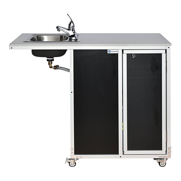 A Monsam black wheelchair accessible portable sink with a faucet on wheels.