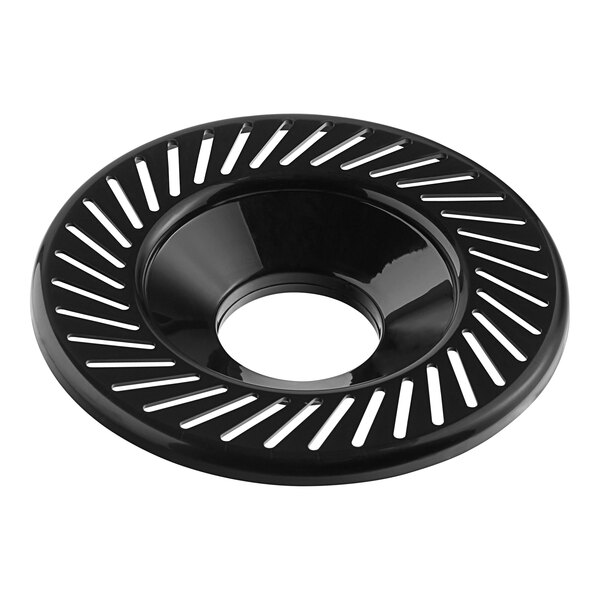 A black circular AvaMix pulp strainer with holes.