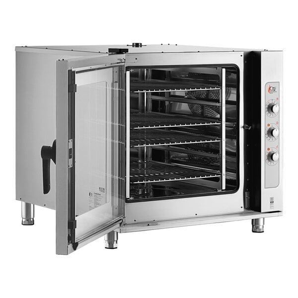 A Cooking Performance Group stainless steel electric combi oven with its door open.
