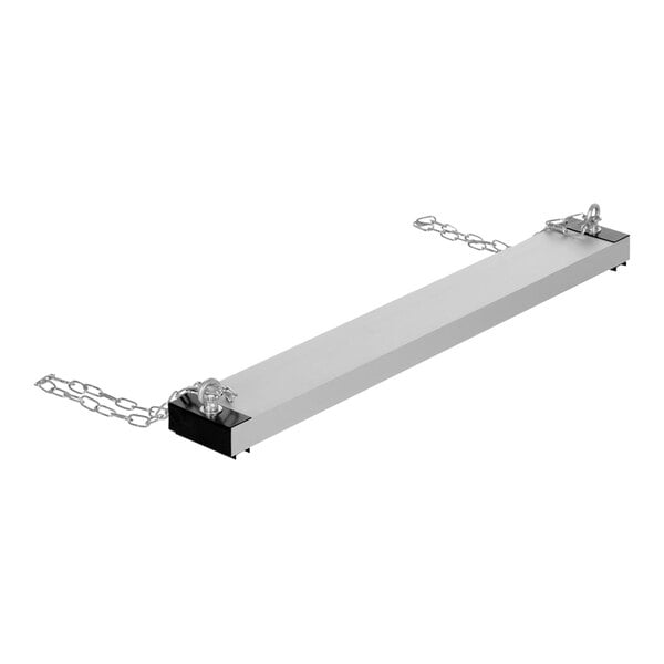 A rectangular steel shelf with chains attached to it.