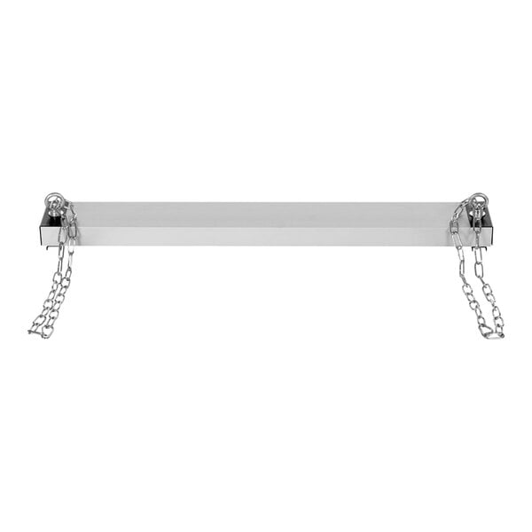 A white rectangular metal bar with chains hanging from it.