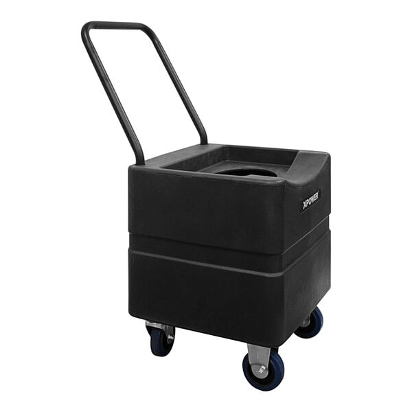 A black container with blue wheels.