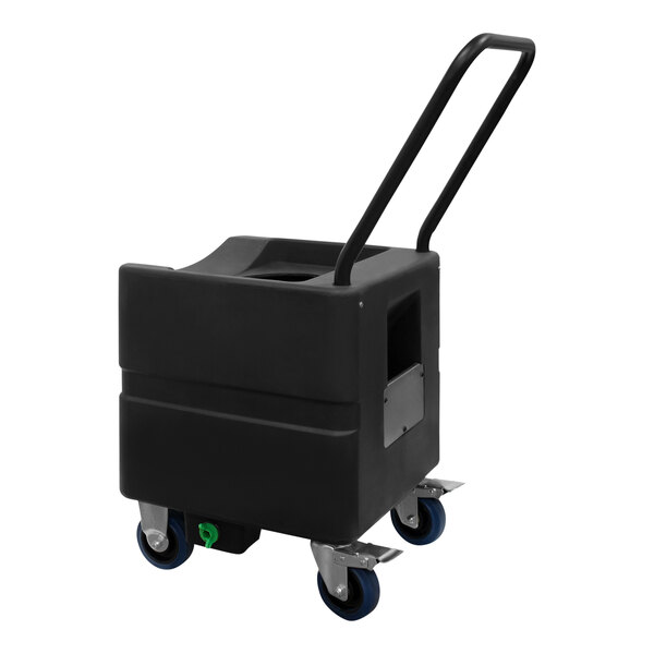 A black container with blue wheels.