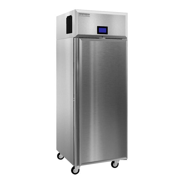 A silver Delfield reach-in refrigerator.
