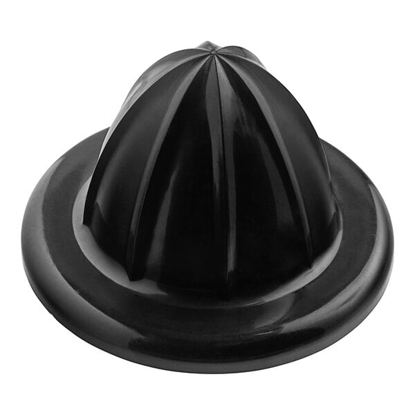 A black plastic small juice reamer with a handle.
