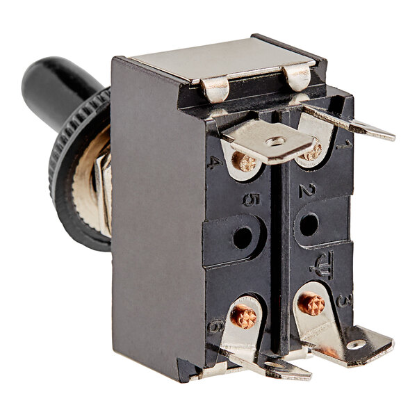 A close up of a black and silver AvaMix On / Off switch with black handles.