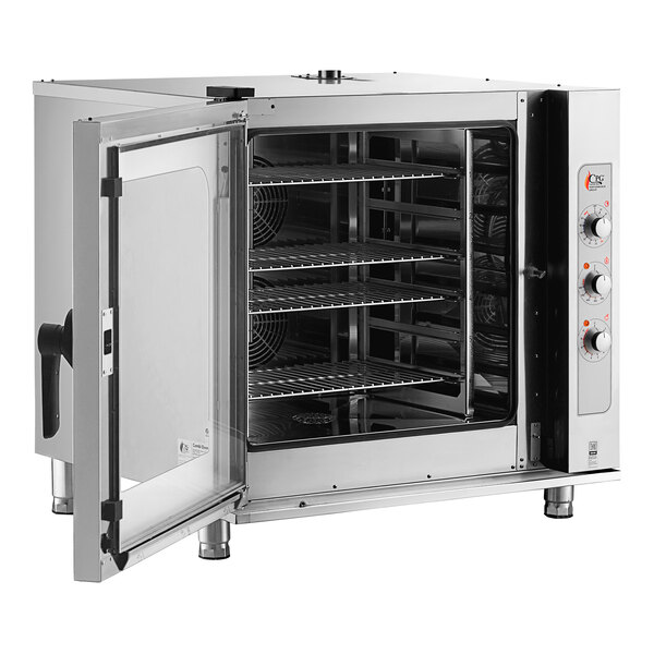 A large stainless steel Cooking Performance Group combi oven with its door open.