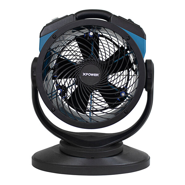 An XPOWER black and blue portable misting fan on a stand.