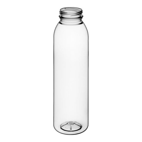 A clear plastic round juice bottle with no lid.