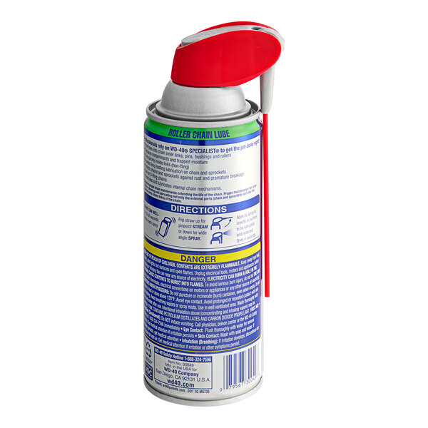 A close-up of a WD-40 Specialist Roller Chain Spray Lubricant with a red and white can.