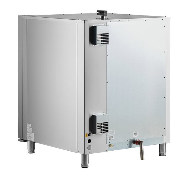 A large silver Cooking Performance Group electric combi oven with a metal door.