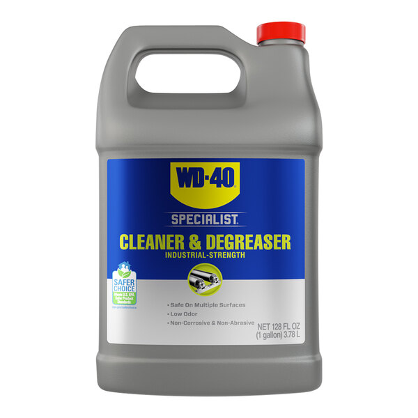 A grey container of WD-40 Industrial Cleaner and Degreaser with a blue label and a red lid.