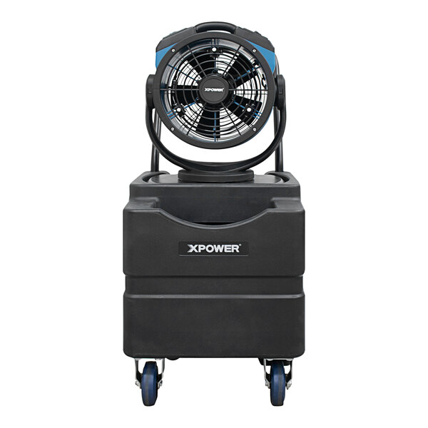 An XPOWER black and blue misting fan on wheels.